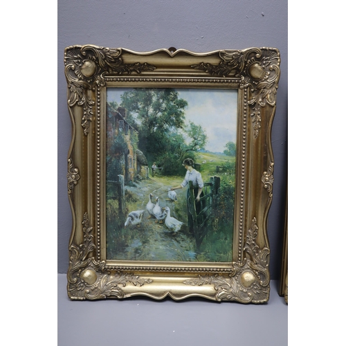 407 - Pair of Decorative Deep Set Gilt Framed Prints Depicting Ernest Walbourns Tending To The geese and o... 