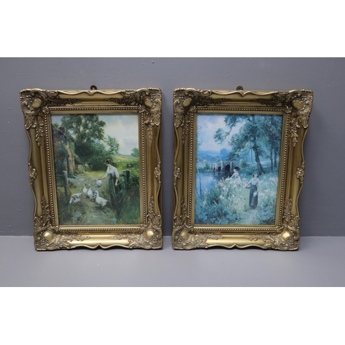 407 - Pair of Decorative Deep Set Gilt Framed Prints Depicting Ernest Walbourns Tending To The geese and o... 