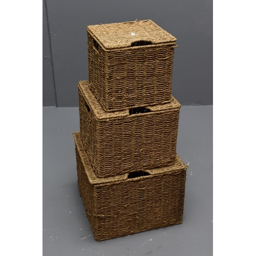 409 - Set of 3 Woven Stackable Storage Boxes With Hinged Lids