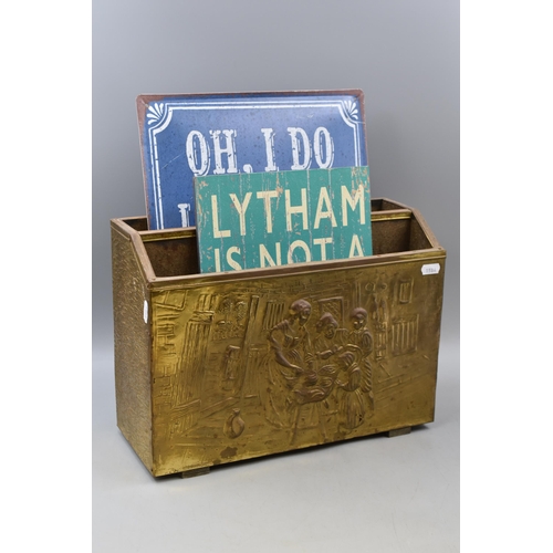 415 - Brass Covered Magazine Rack with two Signs Tin Plate and Wooden