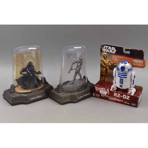 436 - Starwars Two Titanium Series Diecast Models, Clone Trooper and Darth Maul and a Bop It Model of R2D2