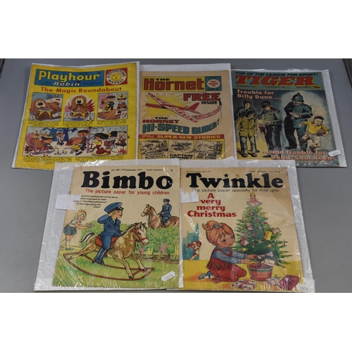 440 - Selection of 5 Vintage Comics including The Hornet 1972, Tiger 1984, Bimbo 1971, Twinkle 1971, and P... 