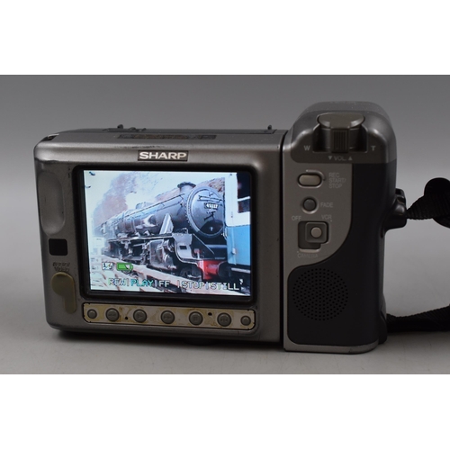 560 - A Sharp Viewcam 8 Video Camera, In Bag With Charger and Videos. Powers on When Tested.