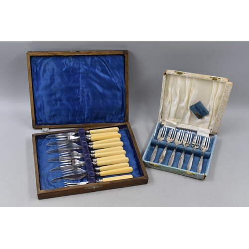 494 - Mappin and Webb Silver Plated Fruit Knife and fork Set, and a set of Cake Forks (Both Cases as Found... 