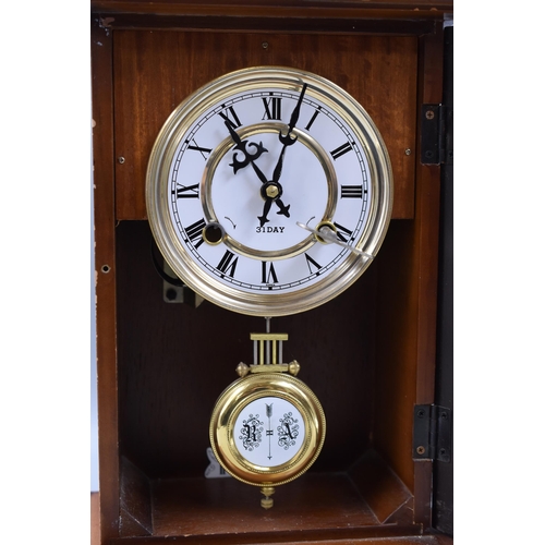 502 - Wood Cased 31 Day Chiming Mantle / Wall Clock Complete with Key (17