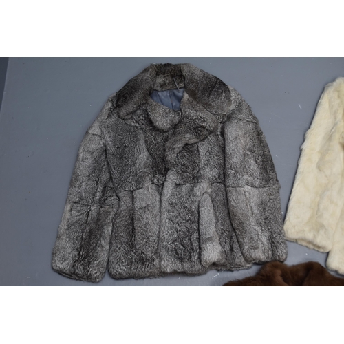 505 - A Selection of Three Size 10 Rabbit Fur Coats. Includes One Cream, One Grey and One Brown.