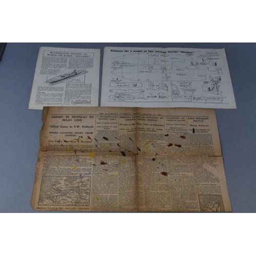 521 - Large Selection of Newspaper Cuttings From World War II and a 1918 Submarine Concentration Map