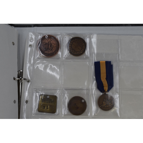 523 - Folder Containing a Selection of Medals, Buttons, Badges and Mining Tokens.