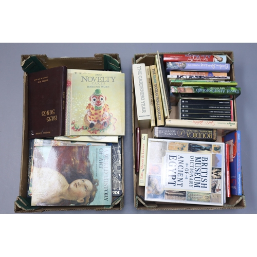 537 - Two Boxes of Assorted Reference Books. Includes History Books, Art Books, Cooking Books, Atlas and M... 