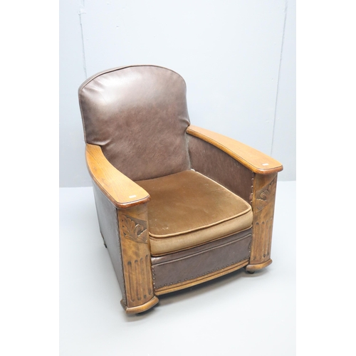 650 - Decorative Vintage Armchair With Oak Carved Panels on Casters