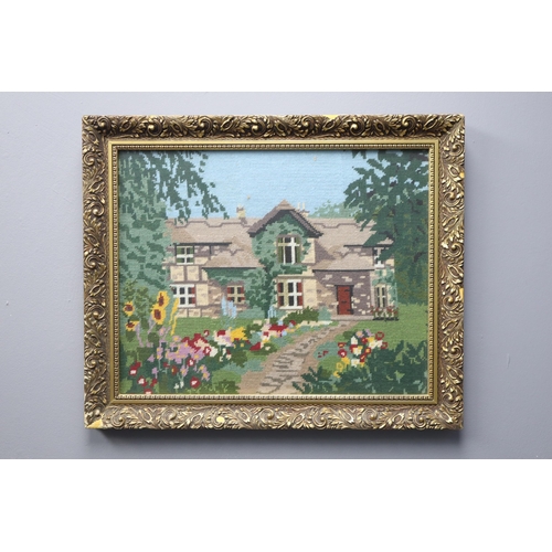 651 - Three Gilt Framed and Glazed Tapestry Pictures depicting Tudor and Country Cottage Scenes, Largest 4... 