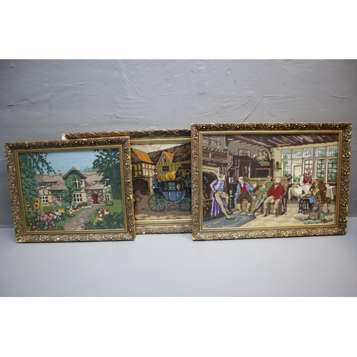 651 - Three Gilt Framed and Glazed Tapestry Pictures depicting Tudor and Country Cottage Scenes, Largest 4... 