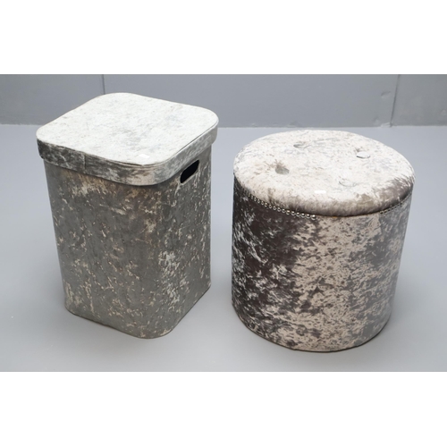 657 - Two Matching Silver/Grey Lidded Containers, One Square Laundry/Linen and One Circular Storage Stool,... 