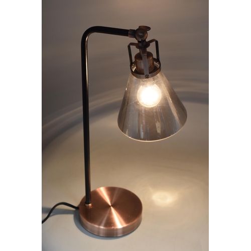 662 - A Boxed Dafyd Black and Copper Effect Adjustable Touch Table Lamp, With Smokey Glass Shade. Approx 1... 