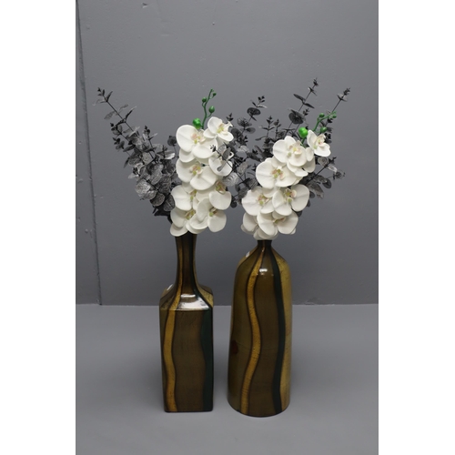 674 - A Pair of Tall Ceramic Vases, With Decorative Flowers. Vases Approx 22