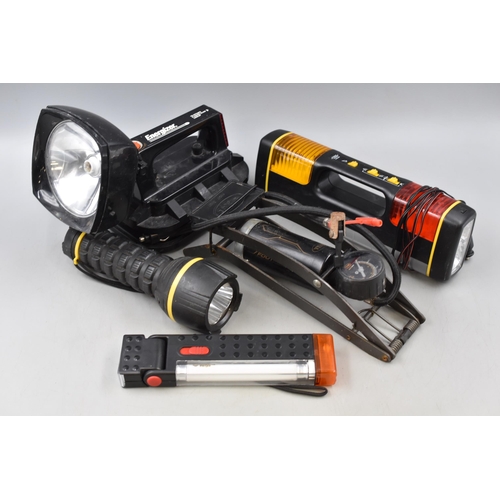 770 - Four Torches and a Bell Foot Pump. Two Torches Are Untested (Car Charger Ones), One Lights Up and Th... 