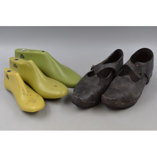 689 - Three Men's Shoe Moulds (Sizes 1.5, 6 and 8), With a Pair of Vintage Redferns Clogs (Size 4).