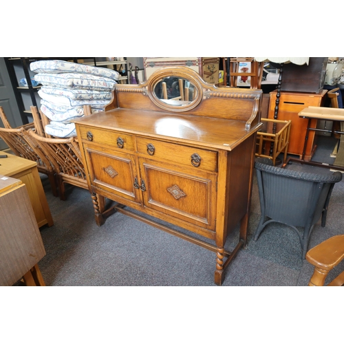 699 - Victorian Oak Mirror Backed Sideboard-Chiffonier Sitting on Barley Twist Legs with Two Drawers over ... 