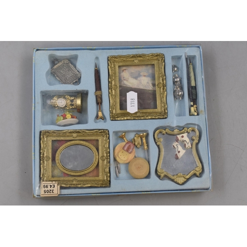 796 - A Boxed Set of Hickleton Interiors Dolls House Accessories. Includes Staffordshire Dogs, Paintings, ... 