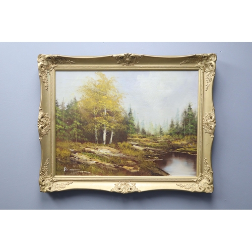 711 - Mid Century Gilt Framed Oil on Canvas Woodland Scene Signed by Unknown Artist 29