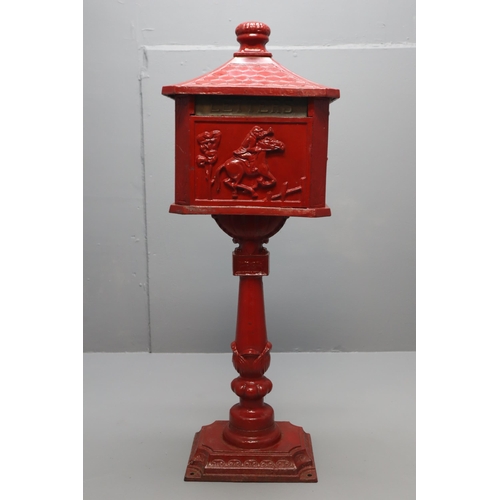 717 - A Cast Iron Victorian Racehorse Postbox on Pillar, With Brass Flap (Painted Red). Approx 115cm Tall.