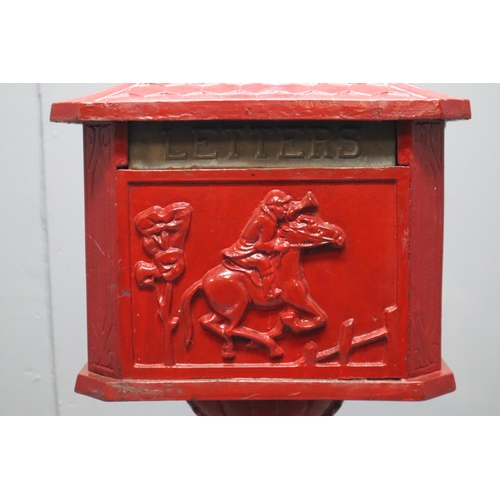 717 - A Cast Iron Victorian Racehorse Postbox on Pillar, With Brass Flap (Painted Red). Approx 115cm Tall.