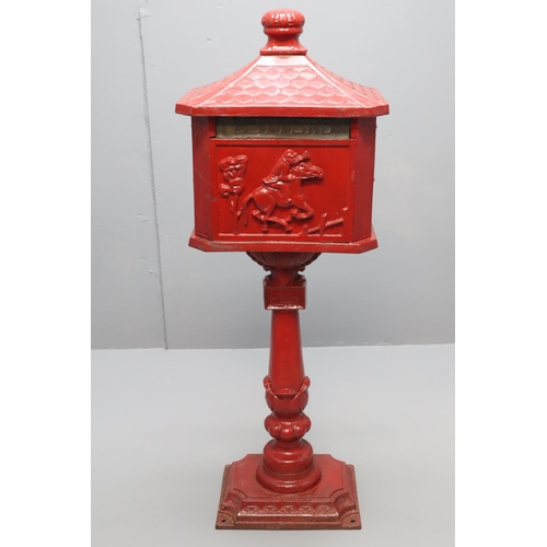 717 - A Cast Iron Victorian Racehorse Postbox on Pillar, With Brass Flap (Painted Red). Approx 115cm Tall.