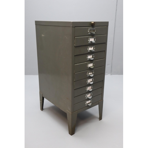 719 - Vintage Steel Ten Drawer Filing Unit (no key) but unlocked approx 29