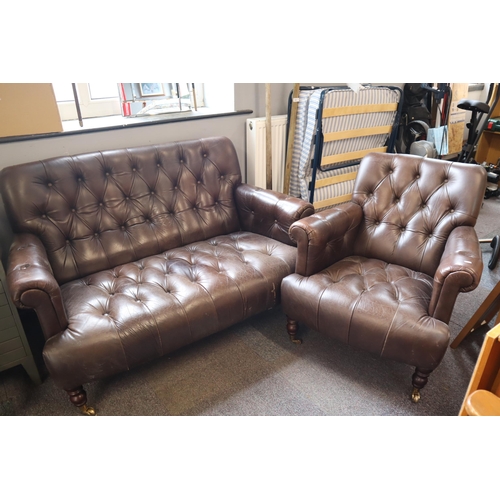 727 - Laura Ashley Alberton Two Seater One Chair Leather Button Back Suite in Brown seat height 16