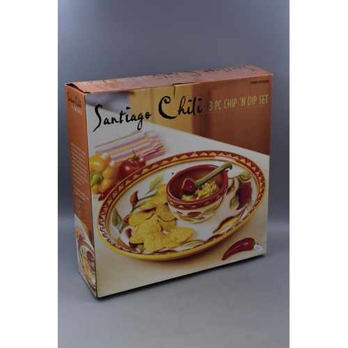 838 - Three Piece Hand Painted Ceramic Chip n Dip Set by Santiago Chili, Boxed Set Includes 16