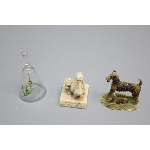 844 - A Mixed Selection to Include Ceramic Dogs, Crystal Ware, Brass Dog Door Stop and More.