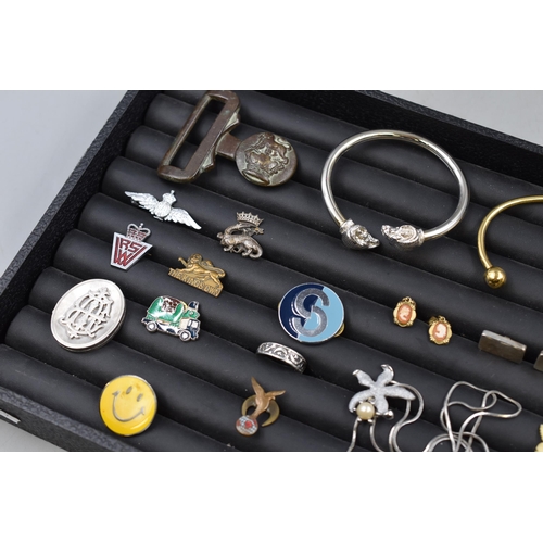 137 - Mixed Tray including Military Badges, Earrings, Silver Bangle, Necklaces and More