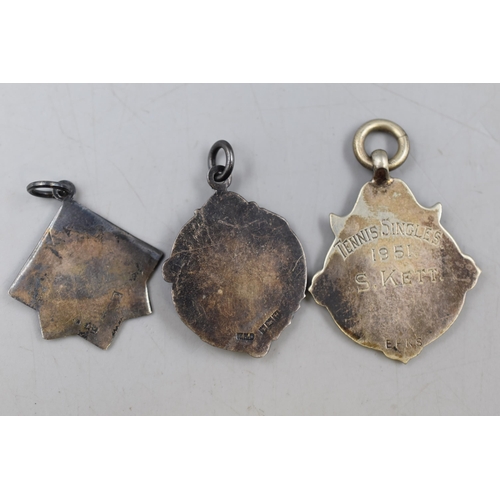 14 - Three Sports Medal Fobs. Includes Hallmarked Birmingham Tennis Medal, Silver Plated Tennis Medal (Aw... 