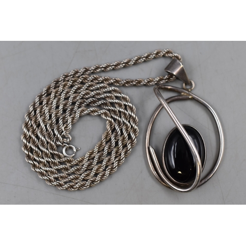 17 - Silver 925 Black Stoned Pendant on Silver Rope Chain