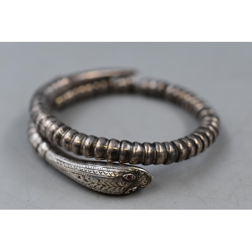 22 - A 925. Silver Snake Bangle With Red Stoned Eyes. Snake Scales Are Silver, But Internal Bangle Isn't.