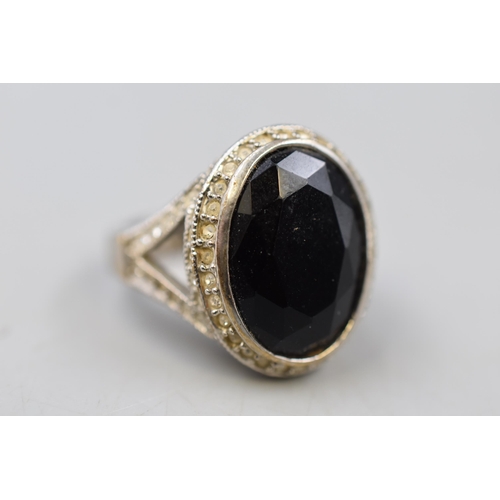 27 - Silver 925 Marcasite Ring with Large Black Faceted Stone (Size Q) Complete with Presentation Box