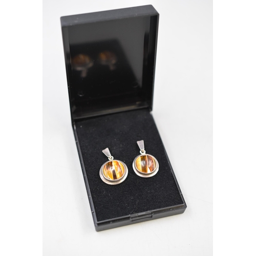 59 - A Pair of 925. Silver Amber Earrings, In Presentation Box.