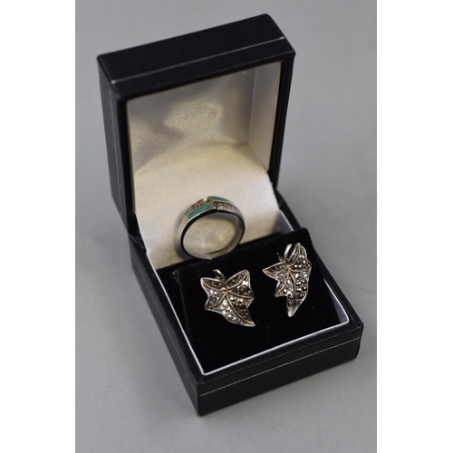 69 - Pair of Silver Marcasite Earrings and a Silver Ring Complete with Presentation Box