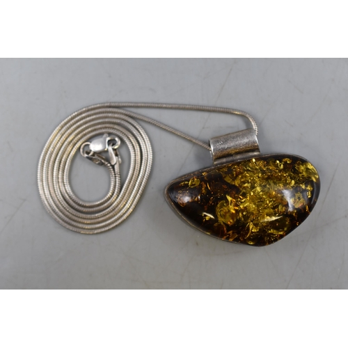 83 - Silver 925 Amber Stoned Pendant Necklace