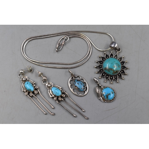 84 - A Selection of Silver and Turquoise Jewellery. Includes Pair of Earrings, Three Pendants and Silver ... 