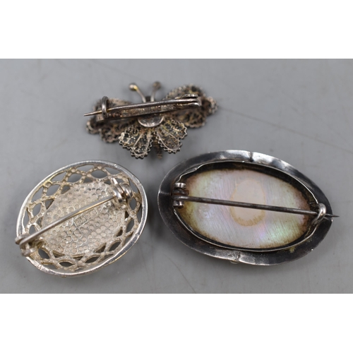 88 - A Selection of Three Silver Brooches. Includes 800. Silver Filigree Butterfly, Mother of Pearl Brooc... 