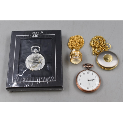 101 - Three Pocket Watches including New Sealed Aces High and a Gold Tone Pendant Watch (Working)