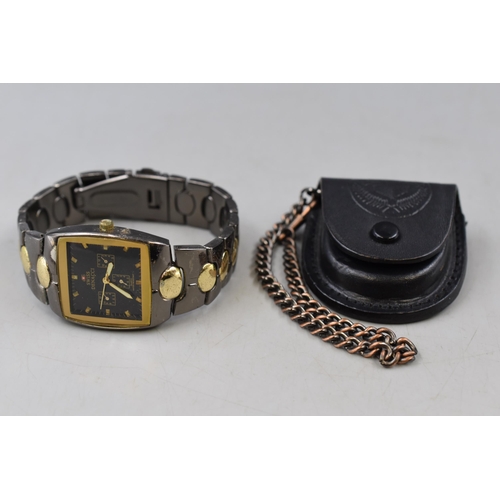 102 - Two Watches to include a Swiss Denacci and a Leather Pouched Eaton Pocket Watch with Chain both with... 