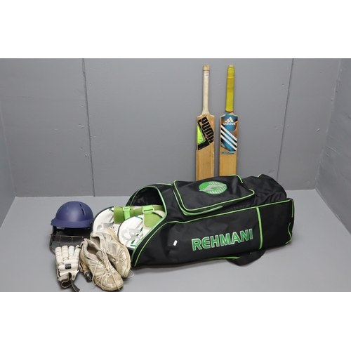 361 - A Rehmani Sports Cricket Bag, With a Selection of Cricket Gear. Includes Two Bats (Adidas Libro and ... 