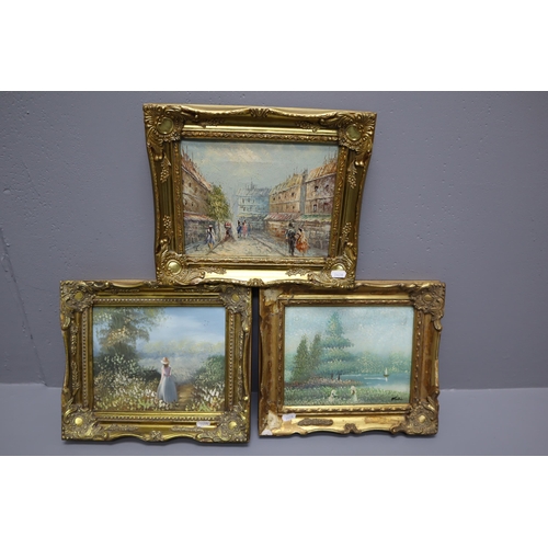 370 - Three Original Oil on Canvass in gilt Framed Mounts depicting Parisian Scene, lake Scene and Country... 