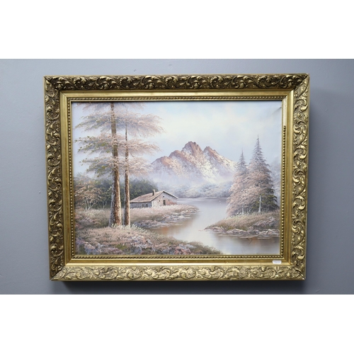 371 - S Spencer Signed Oil on Canvass of Lake Scene in Ornate Gilt Framed Mount (29