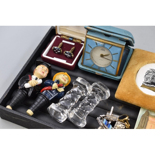 195 - A Mixed Selection of Collectables. Includes Laureston Stoppers, Cufflinks, Travel Clock and More.