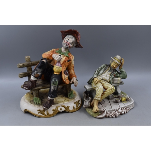 379 - Pair of Vintage Capodimonte Figurine Statues of Drunken Med Seated Largest 10