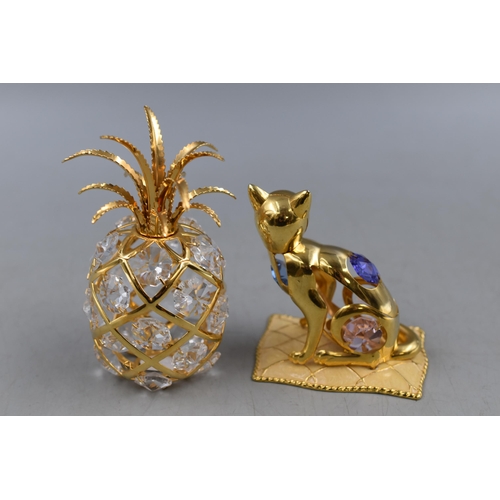 255 - Cat and Pineapple Crystal and Gilt Figures (Tallest 4