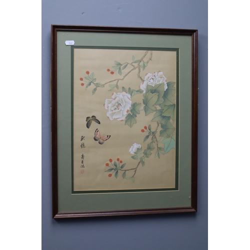 599 - A Framed and Glazed Vintage Oriental Watercolour on Silk, Depicting Flowers and Butterflies. Approx ... 